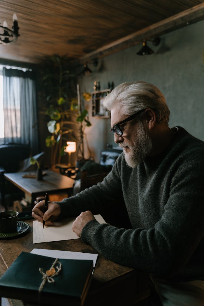 Elderly man with white hair writing at a wooden table in a cozy dimly lit room. Perfect for storytelling concepts.